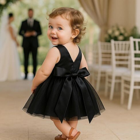 Baby Girl Black Dress Wedding Sleeveless V Neck A-line Bridesmaid Party Dresses Princess Tulle Ball Gown in Saudi Arabia