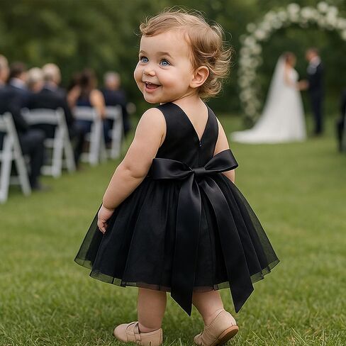 Baby Girl Black Dress Wedding Sleeveless V Neck A-line Bridesmaid Party Dresses Princess Tulle Ball Gown in Saudi Arabia
