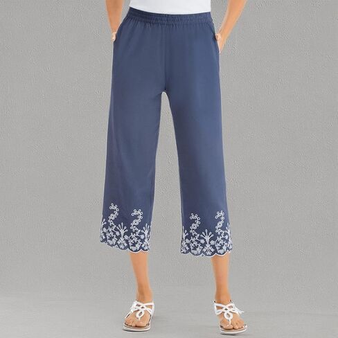 Collections Etc Embroidered Scallop Hem Cotton Capri Crop Pants in Saudi Arabia