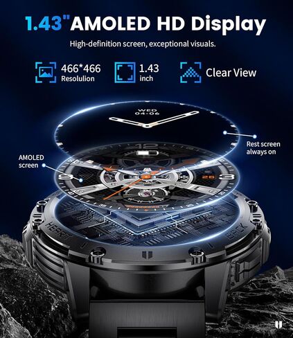 الساعات الذكية العسكرية العسكرية DREMAC للرجال من أجل Android/iPhone-1.43'''aMoled Display Watch With 123 Modes/Flashlight ، و 5ATM Tracker Fitness Fitness مع معدل ضربات القلب/النوم ، والسيليكون in Kuwait