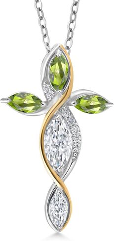 Gem Stone King Cross Necklace For Women In 925 Silver and 10K Yellow Gold with White Moissanite and Green Peridot | 1.37 Cttw | Jesus Christian Religious Crucifix | Marquise 8X4MM | With 18 Inch Chain in Saudi Arabia