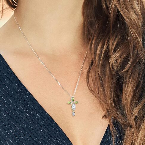 Gem Stone King Cross Necklace For Women In 925 Silver and 10K Yellow Gold with White Moissanite and Green Peridot | 1.37 Cttw | Jesus Christian Religious Crucifix | Marquise 8X4MM | With 18 Inch Chain in Saudi Arabia