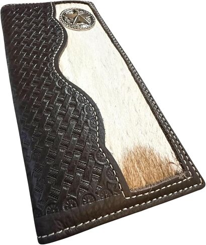 محفظة جلدية طويلة للرجال-شعر البقر على الشعر مع Concho Lone Star وتصميم سلة سلة أدوات-Western Cowboy Rodeo Bifold for Texas Ranchers & Gift Ideas in Kuwait