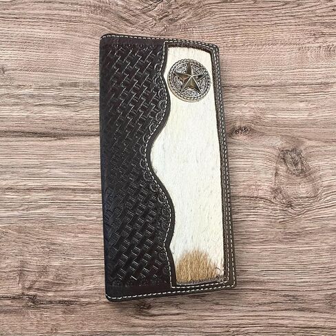 محفظة جلدية طويلة للرجال-شعر البقر على الشعر مع Concho Lone Star وتصميم سلة سلة أدوات-Western Cowboy Rodeo Bifold for Texas Ranchers & Gift Ideas in Kuwait