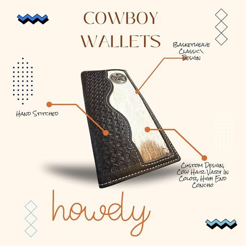 محفظة جلدية طويلة للرجال-شعر البقر على الشعر مع Concho Lone Star وتصميم سلة سلة أدوات-Western Cowboy Rodeo Bifold for Texas Ranchers & Gift Ideas in Kuwait