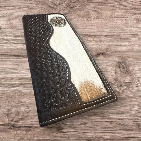 محفظة جلدية طويلة للرجال-شعر البقر على الشعر مع Concho Lone Star وتصميم سلة سلة أدوات-Western Cowboy Rodeo Bifold for Texas Ranchers & Gift Ideas in Kuwait