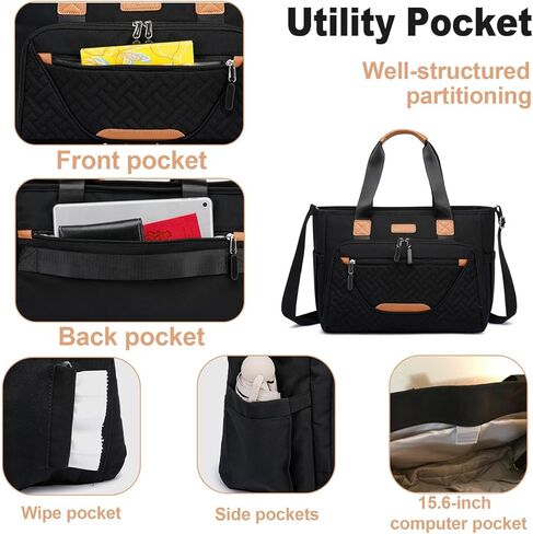 حقيبة حمل الحفاضات، حقيبة حفاضات كبيرة مع حجرة كمبيوتر محمول مقاس 16 بوصة، حقيبة حفاضات للأطفال الصغار للأم (أسود) in Kuwait