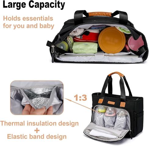 حقيبة حمل الحفاضات، حقيبة حفاضات كبيرة مع حجرة كمبيوتر محمول مقاس 16 بوصة، حقيبة حفاضات للأطفال الصغار للأم (أسود) in Kuwait