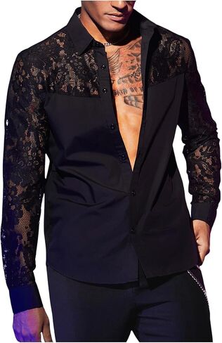 Wdirara Men's Floral Lace Button Down Down See من خلال الأكمام الطويلة Collared Top Sexy Clubwear in Saudi Arabia