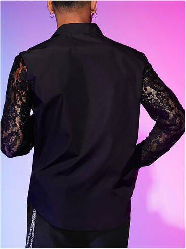 Wdirara Men's Floral Lace Button Down Down See من خلال الأكمام الطويلة Collared Top Sexy Clubwear in Saudi Arabia