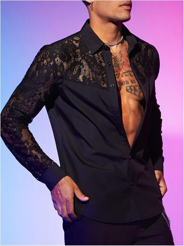 Wdirara Men's Floral Lace Button Down Down See من خلال الأكمام الطويلة Collared Top Sexy Clubwear in Saudi Arabia