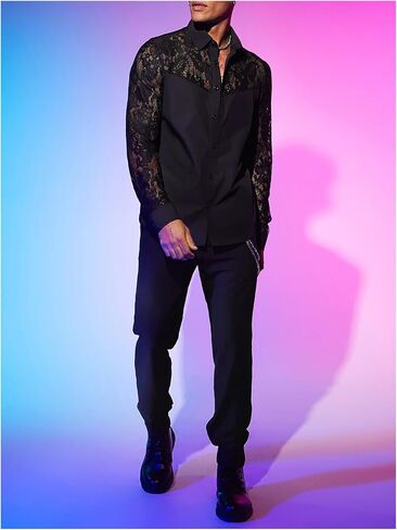 Wdirara Men's Floral Lace Button Down Down See من خلال الأكمام الطويلة Collared Top Sexy Clubwear in Saudi Arabia