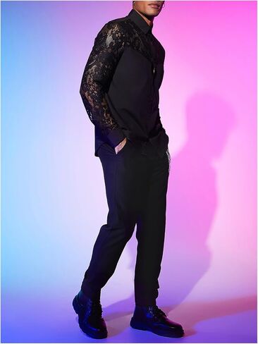 Wdirara Men's Floral Lace Button Down Down See من خلال الأكمام الطويلة Collared Top Sexy Clubwear in Saudi Arabia