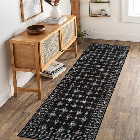 LEEVAN 2.6x8 Runners for Hallways,Vintage Floral Black Farmhouse Checkered Kitchen Runner Rug,Soft Long Indoor Non Slip Washable Runner Rug for Laundry,Bathroom,Office in Kuwait