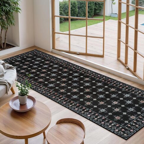 LEEVAN 2.6x8 Runners for Hallways,Vintage Floral Black Farmhouse Checkered Kitchen Runner Rug,Soft Long Indoor Non Slip Washable Runner Rug for Laundry,Bathroom,Office in Kuwait