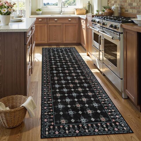LEEVAN 2.6x8 Runners for Hallways,Vintage Floral Black Farmhouse Checkered Kitchen Runner Rug,Soft Long Indoor Non Slip Washable Runner Rug for Laundry,Bathroom,Office in Kuwait