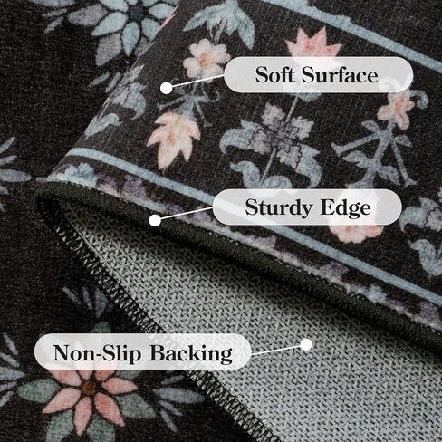 LEEVAN 2.6x8 Runners for Hallways,Vintage Floral Black Farmhouse Checkered Kitchen Runner Rug,Soft Long Indoor Non Slip Washable Runner Rug for Laundry,Bathroom,Office in Kuwait