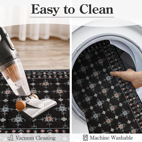 LEEVAN 2.6x8 Runners for Hallways,Vintage Floral Black Farmhouse Checkered Kitchen Runner Rug,Soft Long Indoor Non Slip Washable Runner Rug for Laundry,Bathroom,Office in Kuwait