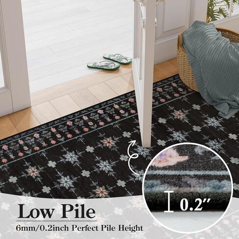 LEEVAN 2.6x8 Runners for Hallways,Vintage Floral Black Farmhouse Checkered Kitchen Runner Rug,Soft Long Indoor Non Slip Washable Runner Rug for Laundry,Bathroom,Office in Kuwait