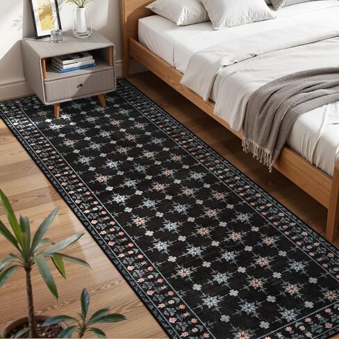 LEEVAN 2.6x8 Runners for Hallways,Vintage Floral Black Farmhouse Checkered Kitchen Runner Rug,Soft Long Indoor Non Slip Washable Runner Rug for Laundry,Bathroom,Office in Kuwait