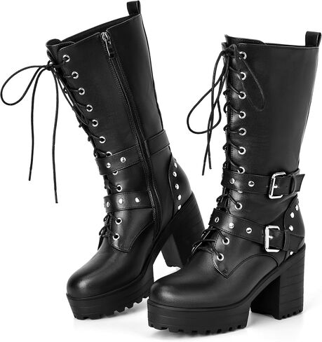 Mid Calf Boots Lace Up Goth Combat Chunky Platform Boots for Women with Buckle Motorcycle Punk Biker Booties in Saudi Arabia