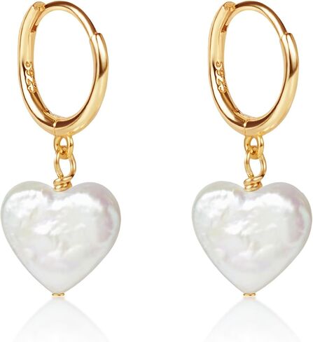 LILY LUSTRE 14k Gold Plated/Filled 925 Sterling Silver Handpicked AAAA Quality Natural White Freshwater Cultured Heart Shaped Pearl Huggie Hoop/Leverback Drop Dangle Earrings for Women in Saudi Arabia