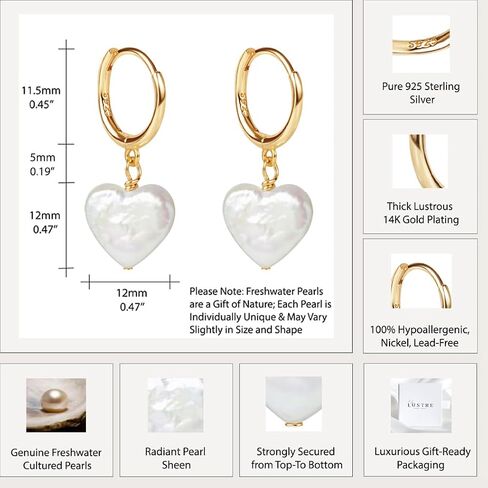 LILY LUSTRE 14k Gold Plated/Filled 925 Sterling Silver Handpicked AAAA Quality Natural White Freshwater Cultured Heart Shaped Pearl Huggie Hoop/Leverback Drop Dangle Earrings for Women in Saudi Arabia