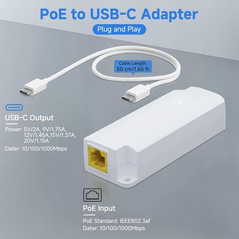 Poe to USB C Hub ، USB-C إلى Ethernet Multiport Adapter Clop & Play ، 5 في 1 (Gigabit Ethernet ، 23W مدعوم من POE 802.3at ، 3*USB 3.0) إلى محول النوع C للهاتف الذكي/الجهاز اللوحي in Kuwait
