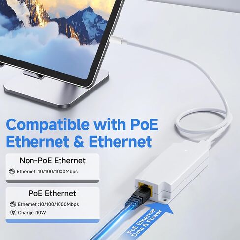 Poe to USB C Hub ، USB-C إلى Ethernet Multiport Adapter Clop & Play ، 5 في 1 (Gigabit Ethernet ، 23W مدعوم من POE 802.3at ، 3*USB 3.0) إلى محول النوع C للهاتف الذكي/الجهاز اللوحي in Kuwait