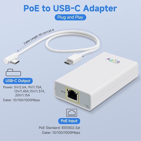 Poe to USB C Hub ، USB-C إلى Ethernet Multiport Adapter Clop & Play ، 5 في 1 (Gigabit Ethernet ، 23W مدعوم من POE 802.3at ، 3*USB 3.0) إلى محول النوع C للهاتف الذكي/الجهاز اللوحي in Kuwait