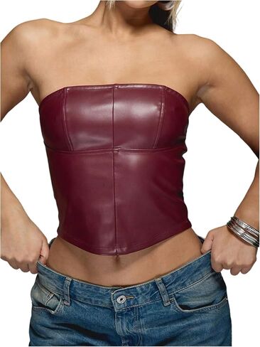 Verdusa Women's Leather Corset Tops Burgundy Backless Faux Strapless Crop Tube Top in Kuwait