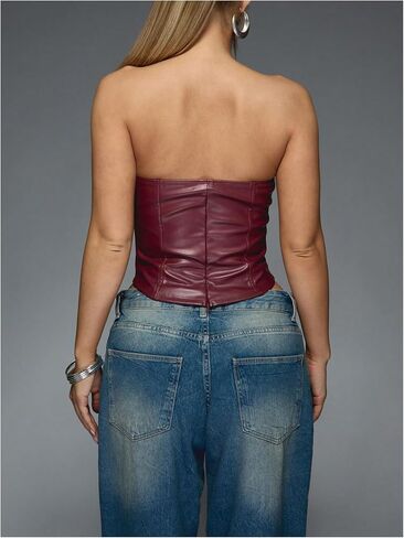 Verdusa Women's Leather Corset Tops Burgundy Backless Faux Strapless Crop Tube Top in Kuwait