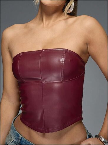 Verdusa Women's Leather Corset Tops Burgundy Backless Faux Strapless Crop Tube Top in Kuwait