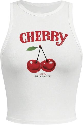 SHENHE Women's Y2k Cherry Tank Top Crew Neck Graphic Fitted Sleeveless Crop Tank Shirt in Kuwait