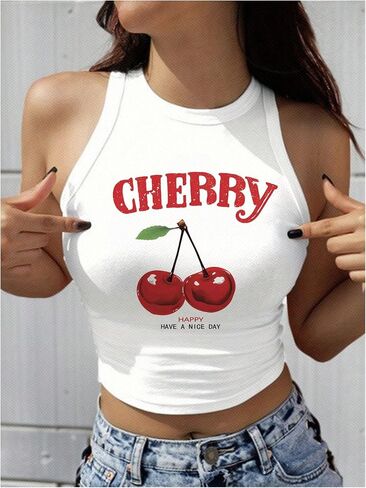 SHENHE Women's Y2k Cherry Tank Top Crew Neck Graphic Fitted Sleeveless Crop Tank Shirt in Kuwait