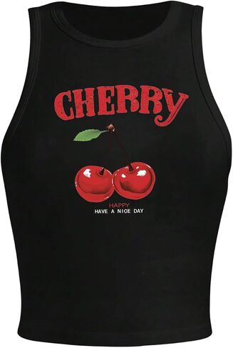 SHENHE Women's Y2k Cherry Tank Top Crew Neck Graphic Fitted Sleeveless Crop Tank Shirt in Kuwait