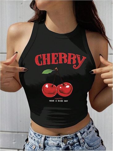 SHENHE Women's Y2k Cherry Tank Top Crew Neck Graphic Fitted Sleeveless Crop Tank Shirt in Kuwait