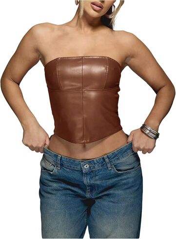 Verdusa Women's Leather Corset Tops Burgundy Backless Faux Strapless Crop Tube Top in Kuwait