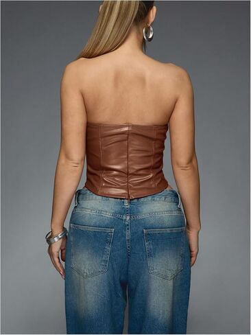 Verdusa Women's Leather Corset Tops Burgundy Backless Faux Strapless Crop Tube Top in Kuwait