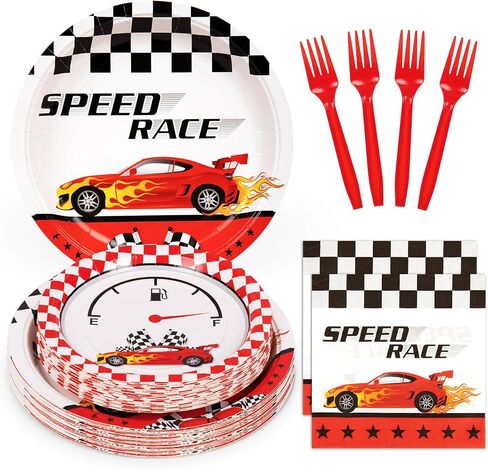 DECORLIFE 96Pcs Checkered Flag Party Supplies, Black and White Checkered Plates and Napkins Sets Serve 24, Race Car Birthday Party Decorations for Boys Birthday in Saudi Arabia
