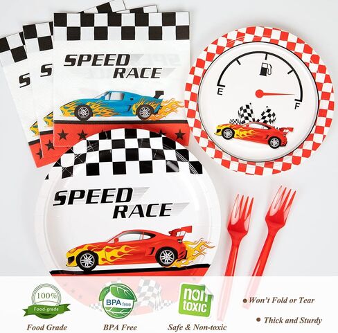 DECORLIFE 96Pcs Checkered Flag Party Supplies, Black and White Checkered Plates and Napkins Sets Serve 24, Race Car Birthday Party Decorations for Boys Birthday in Saudi Arabia