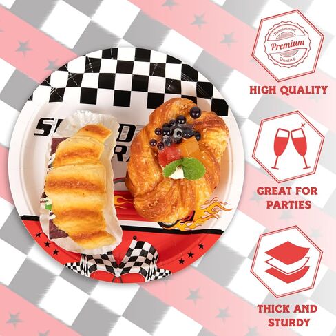 DECORLIFE 96Pcs Checkered Flag Party Supplies, Black and White Checkered Plates and Napkins Sets Serve 24, Race Car Birthday Party Decorations for Boys Birthday in Saudi Arabia
