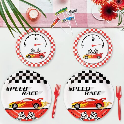 DECORLIFE 96Pcs Checkered Flag Party Supplies, Black and White Checkered Plates and Napkins Sets Serve 24, Race Car Birthday Party Decorations for Boys Birthday in Saudi Arabia