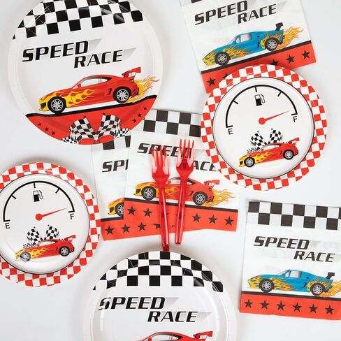 DECORLIFE 96Pcs Checkered Flag Party Supplies, Black and White Checkered Plates and Napkins Sets Serve 24, Race Car Birthday Party Decorations for Boys Birthday in Saudi Arabia