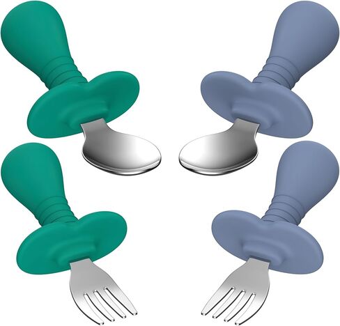 4 Pieces Toddler Utensils, Kids Silverware Set with Silicone Handle, 18/8 Stainless Steel Children Safe Forks and Spoons, BPA Free, Anti-Choke Design (Lite Blue, Grey) in Kuwait