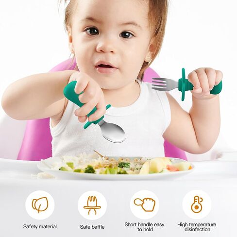 4 Pieces Toddler Utensils, Kids Silverware Set with Silicone Handle, 18/8 Stainless Steel Children Safe Forks and Spoons, BPA Free, Anti-Choke Design (Lite Blue, Grey) in Kuwait