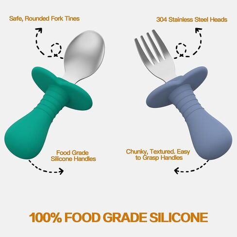 4 Pieces Toddler Utensils, Kids Silverware Set with Silicone Handle, 18/8 Stainless Steel Children Safe Forks and Spoons, BPA Free, Anti-Choke Design (Lite Blue, Grey) in Kuwait
