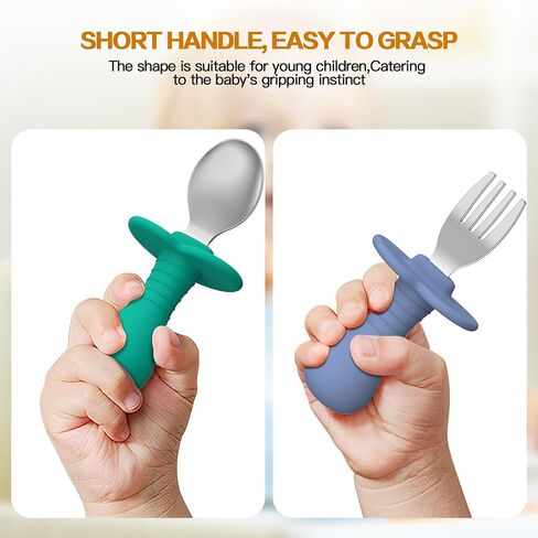 4 Pieces Toddler Utensils, Kids Silverware Set with Silicone Handle, 18/8 Stainless Steel Children Safe Forks and Spoons, BPA Free, Anti-Choke Design (Lite Blue, Grey) in Kuwait