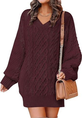 ANRABESS Womens Long Sleeve V Neck Oversized Cable Knit Mini Sweater Dresses 2025 Fall Trendy Baggy Pullover Tunic Outfits in Kuwait