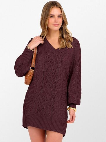 ANRABESS Womens Long Sleeve V Neck Oversized Cable Knit Mini Sweater Dresses 2025 Fall Trendy Baggy Pullover Tunic Outfits in Kuwait
